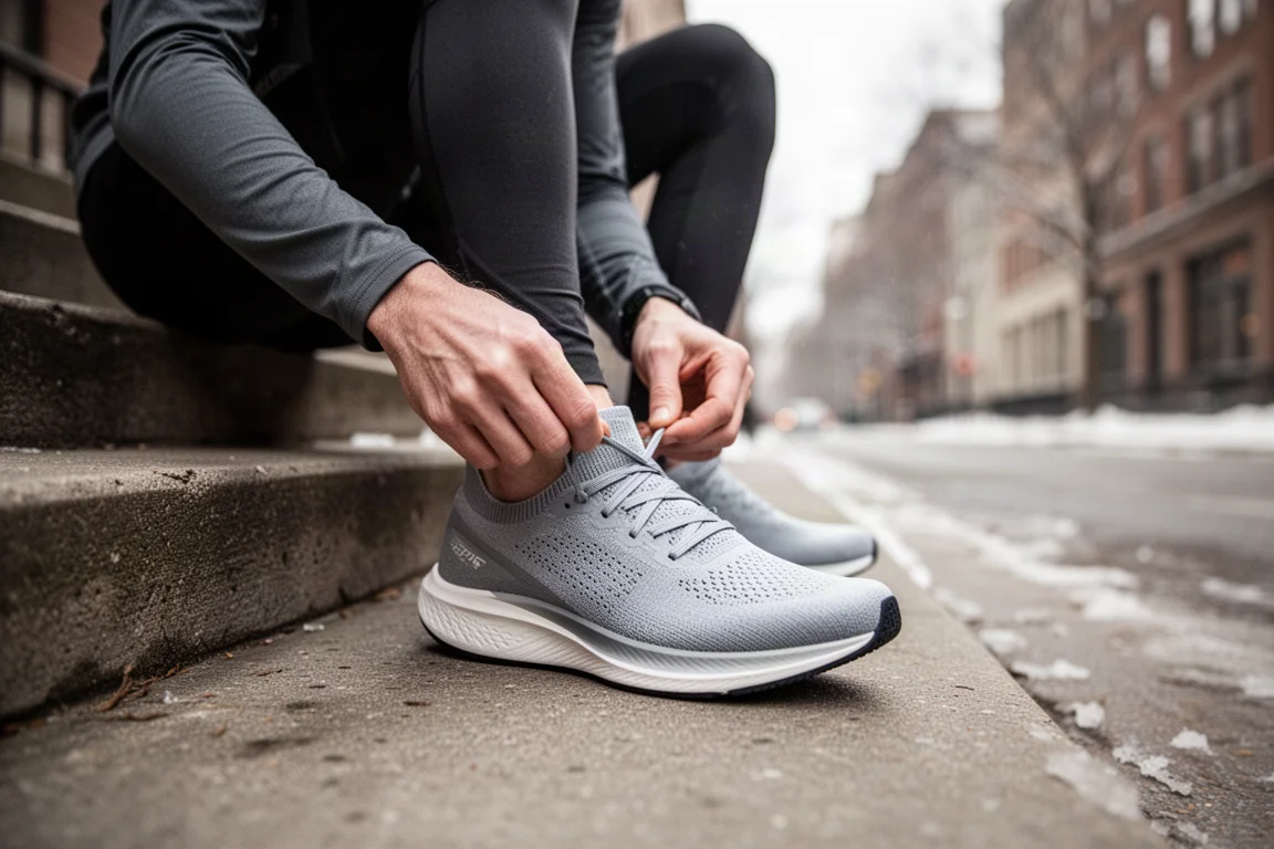 Un coureur lace une chaussure de compétition légère sur un trottoir urbain sous la lumière hivernale