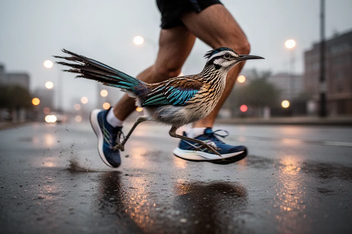 Un coureur prend un virage à vitesse sur du bitume urbain mouillé avec une chaussure de compétition basse