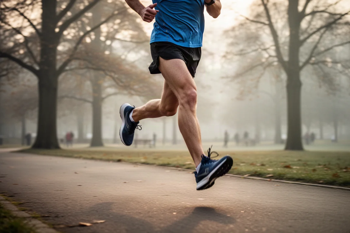 Hardloper die de veters van een lichte roadrunningschoen strikt voor een training