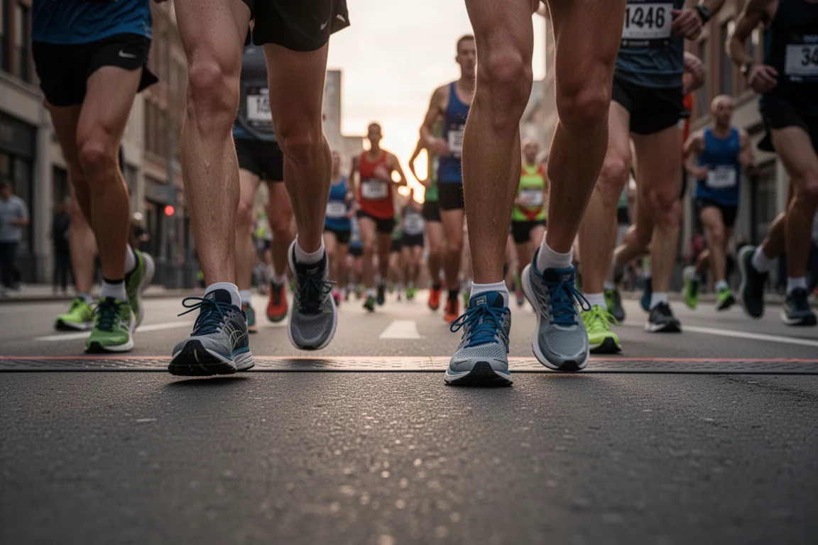 Hardloopschoenen die naast een atletiekbaan liggen na een zware intervaltraining