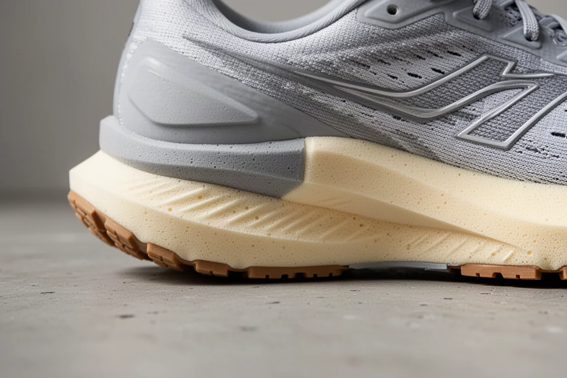Close-up of a running shoe midsole showing two-tone foam layers and outsole rubber