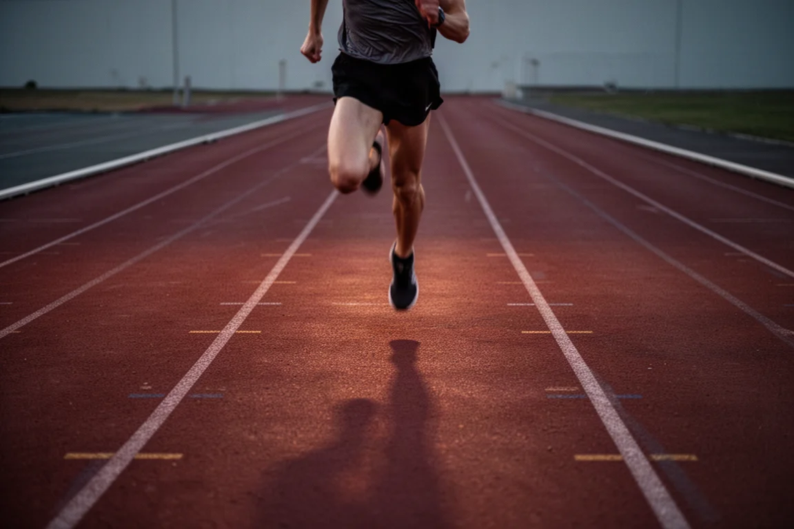 Runner on a track at dusk during a speed session