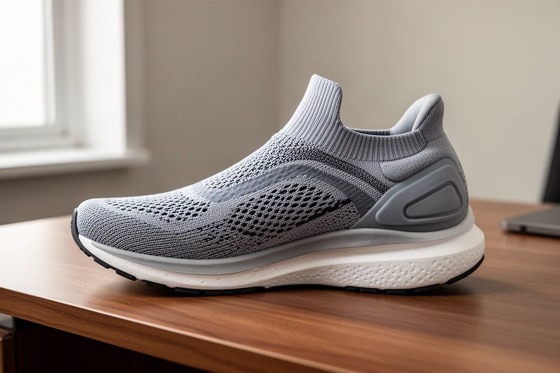 Running shoe upper detail showing mesh layering and heel padding
