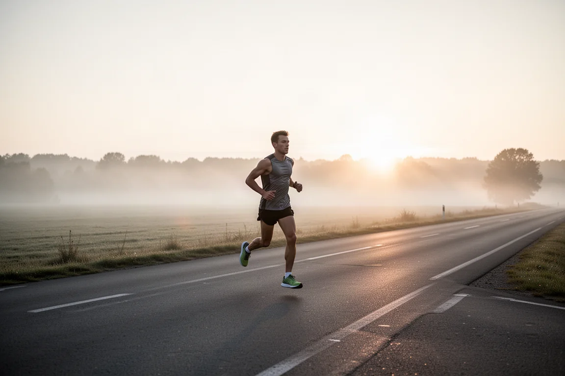 Runner moving through tempo pace on an open road in early morning light