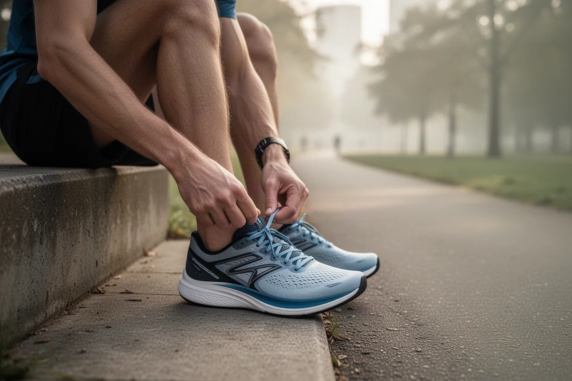Corredor atándose unas zapatillas ligeras de running en asfalto antes de una serie a ritmo de tempo
