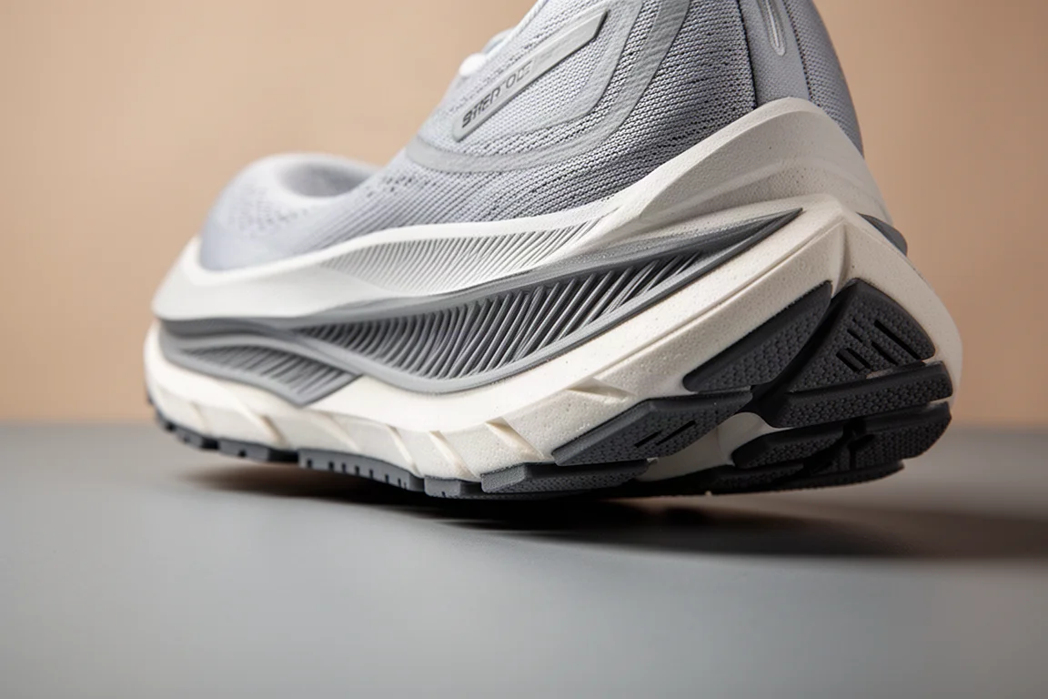 Primer plano de la mediasuela y la suela exterior de una zapatilla de running sobre fondo gris de estudio