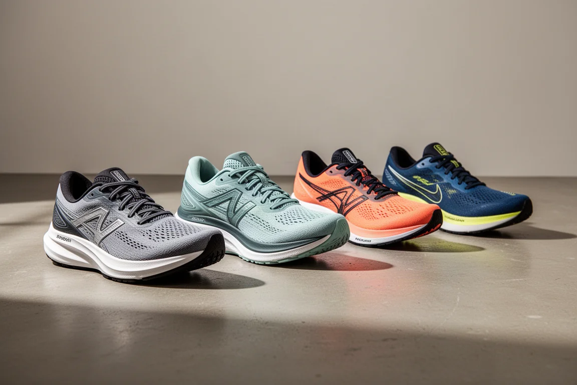 Five road running shoes arranged in a row on a concrete studio floor