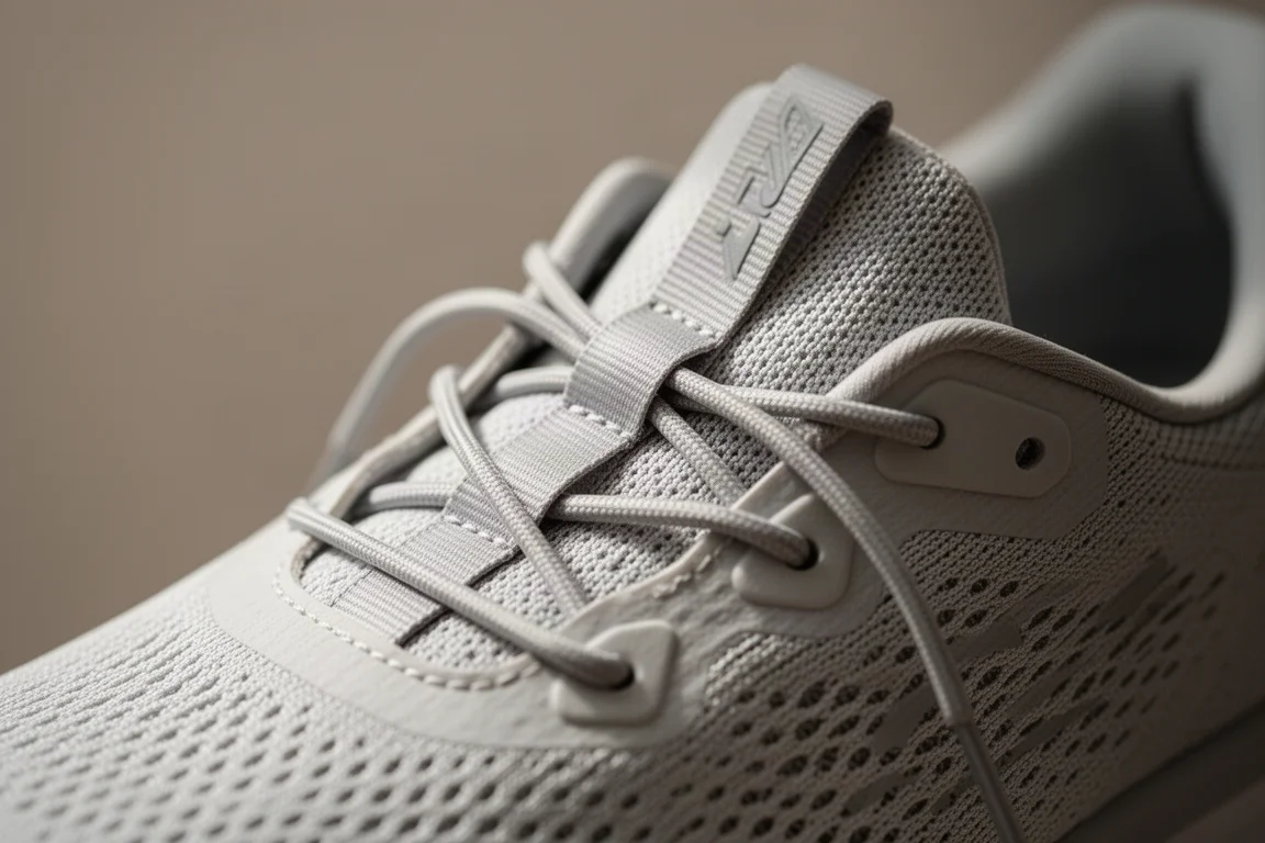 Close-up of a thin running shoe tongue and lacing on top of the foot