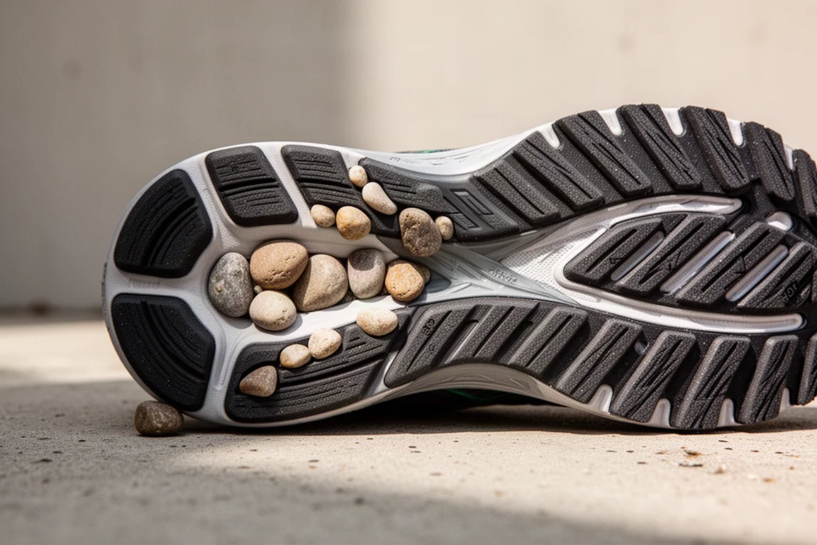 Small stones wedged in the heel outsole of a running shoe