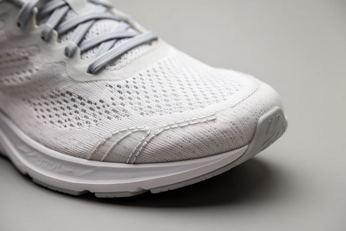 Primo piano del tomaio di una scarpa da corsa leggera con mesh sottile e minime sovrastrutture