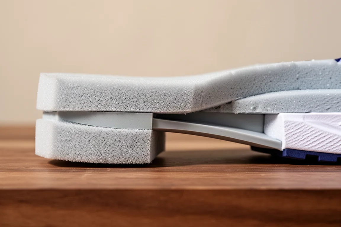 Close-up van de tussenzoolplaat onder de middenvoet en het foamwigje onder de voorvoet van een hardloopschoen