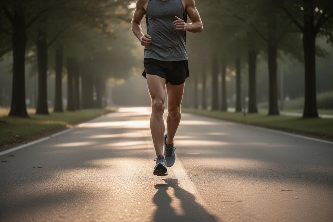 Hardlooper die afkoelt op een stille weg na een zware trainingsworkout op de baan