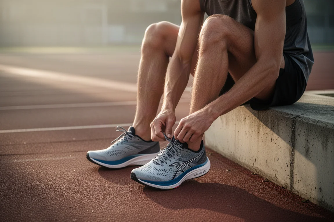Runner lacing up lightweight racing shoes on a trackside path in morning light