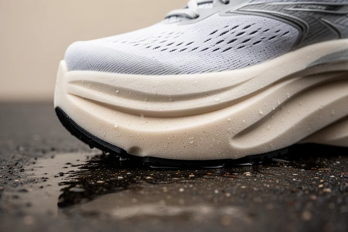 Close-up of cushioned running shoe midsole foam on wet pavement