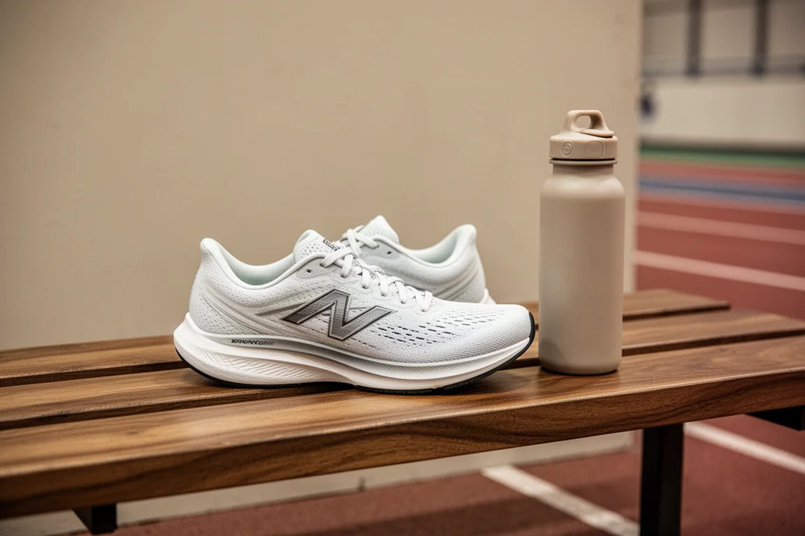 Single lightweight racing shoe resting on a wooden bench beside a water bottle