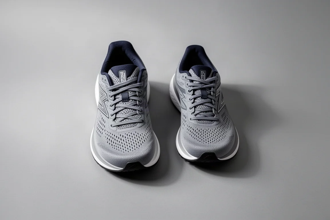Two similar racing shoes side by side on grey studio backdrop