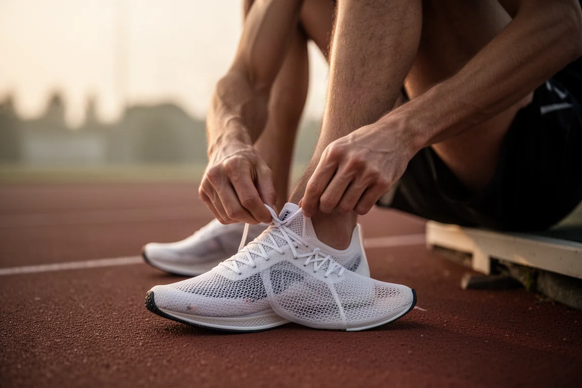 Un corridore allaccia una scarpa da gara leggerissima prima di un allenamento al tempo all'alba