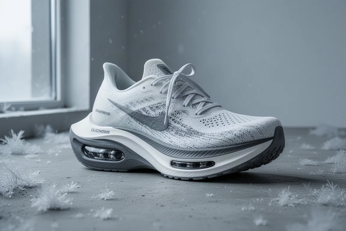 Tall-stacked carbon-plated running shoe on frosted concrete