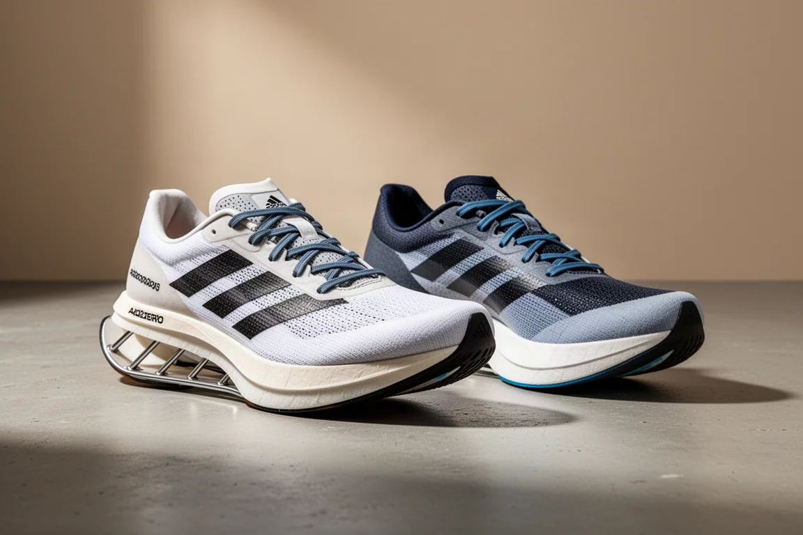 Two Adidas Adizero Adios Pro racing shoes side by side on a concrete surface