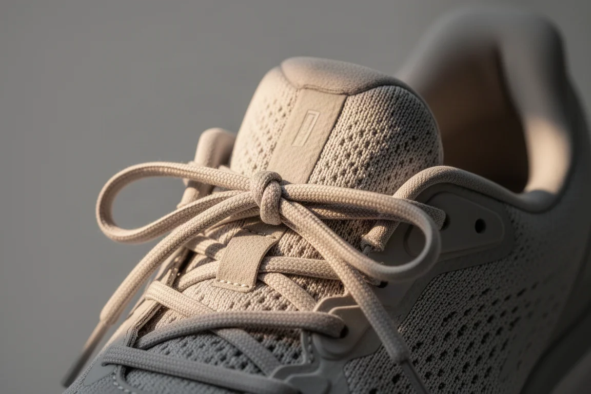 Primer plano de una lengüeta acolchada y la zona de cordones de una zapatilla de running