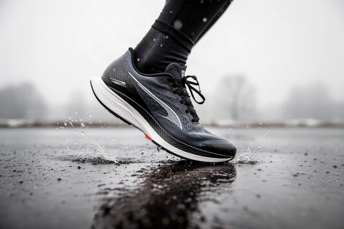 Mediasuela de una zapatilla de running sobre asfalto mojado durante una sesión de invierno