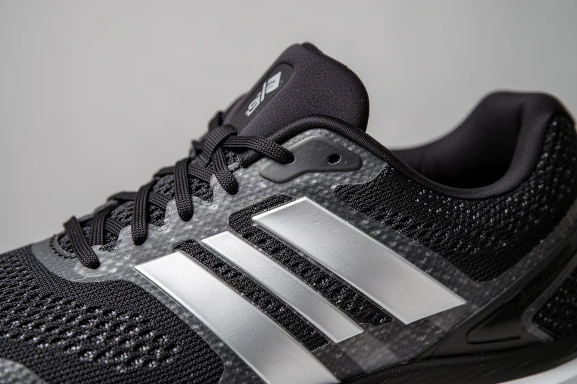 Primer plano del empeine de malla negro de una zapatilla de running con franjas plateadas laterales