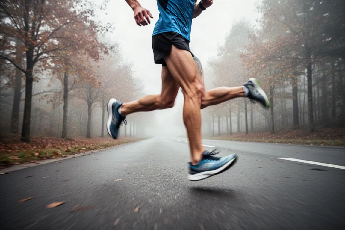 Corredor entrenando al ritmo de medio maratón en una carretera fresca por la mañana