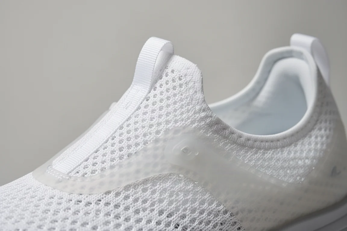 Translucent mesh upper of a racing shoe with minimal overlays on a neutral backdrop