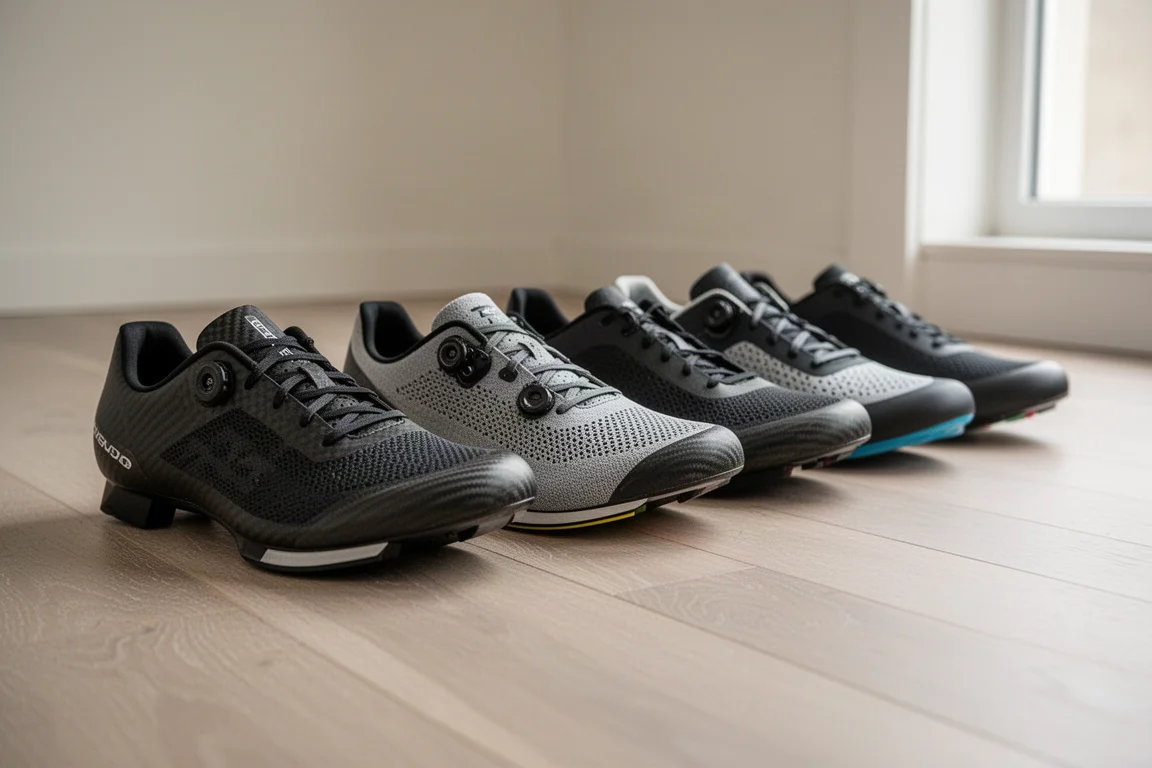Several carbon-plated racing shoes arranged on a wooden floor for comparison