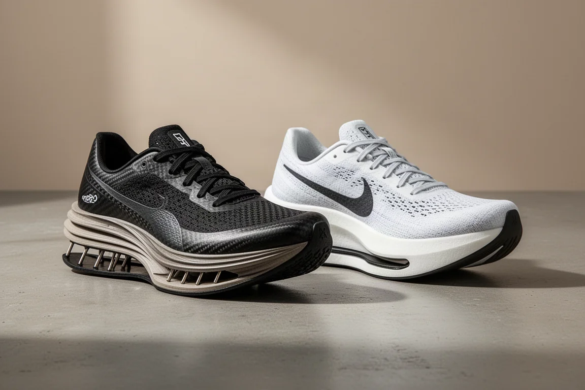 Two carbon-plated marathon racing shoes side by side on a concrete surface