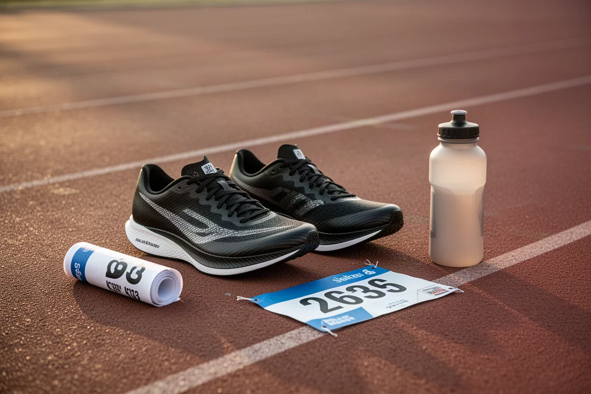 Par de tênis de corrida sobre a linha de uma pista durante um treino de ritmo