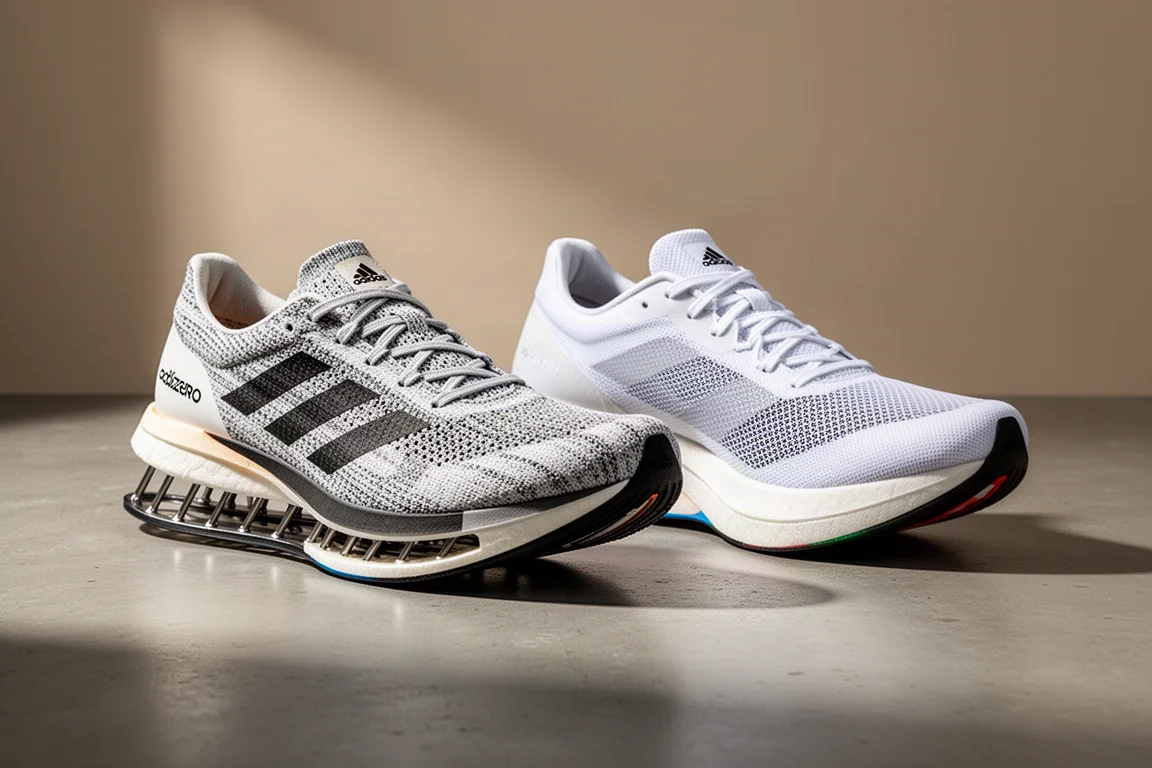 Two carbon racing shoes side by side on a matte concrete surface