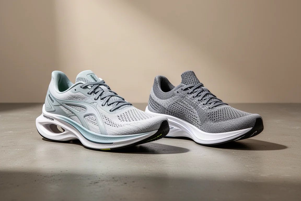 Two Adidas racing shoes side by side on a concrete surface