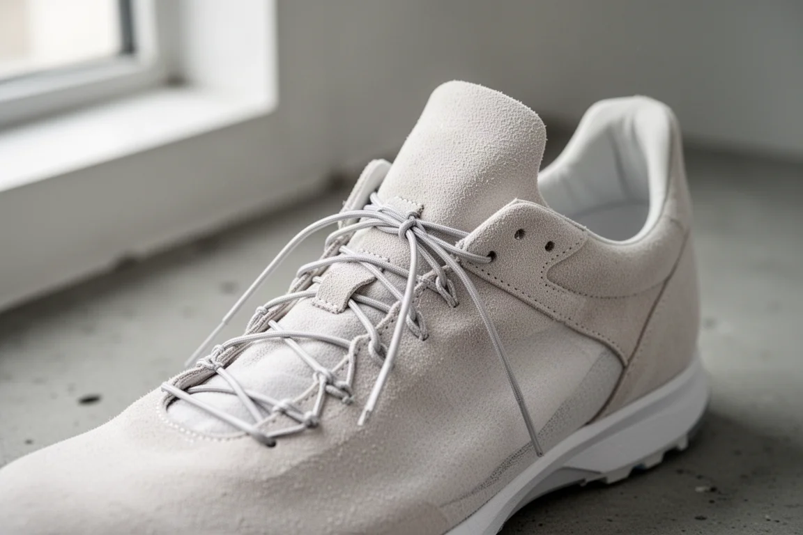 Close-up of the lacing area and thin tongue of a lightweight racing shoe