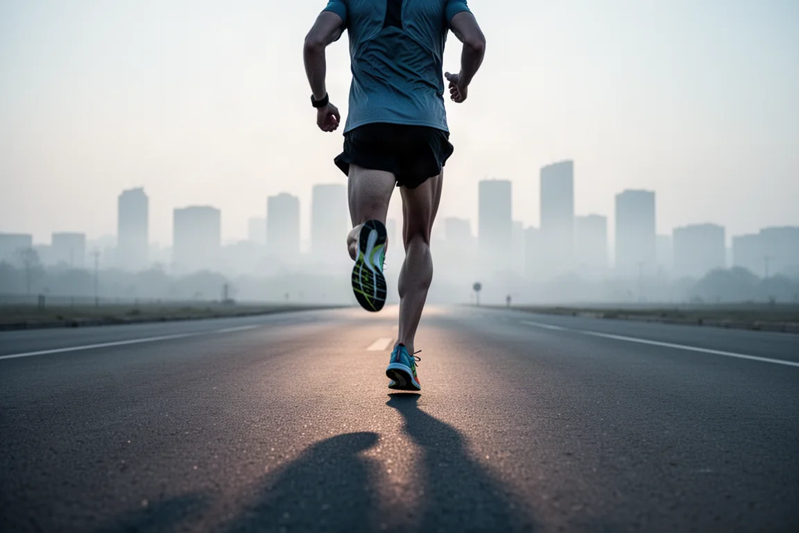 Runner striding on smooth tarmac at dawn wearing marathon racing shoes