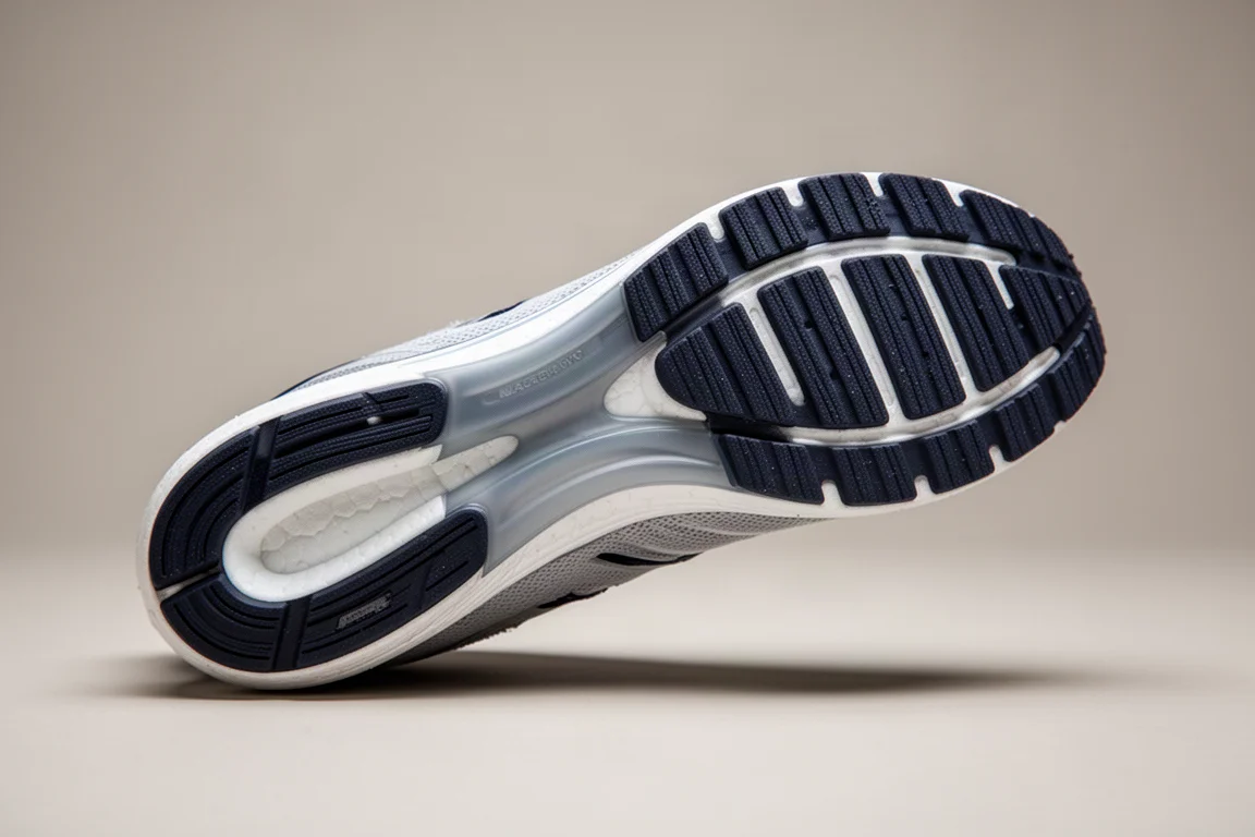Close-up of the rubber outsole and rocker shape of a racing shoe