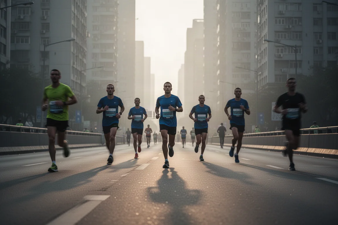 Marathon runners racing along a closed city street in the morning
