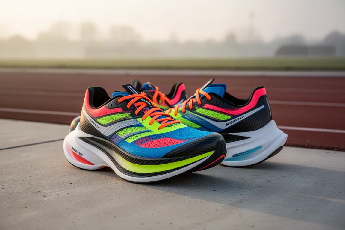 Pair of high-stack carbon road racing shoes on concrete beside a running track
