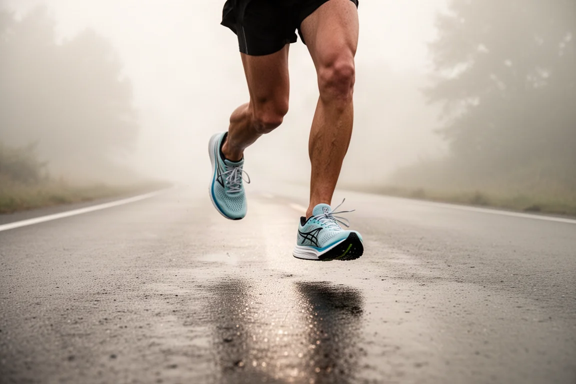 Close-up of the flexible mesh upper and strap-like heel overlays of a racing shoe