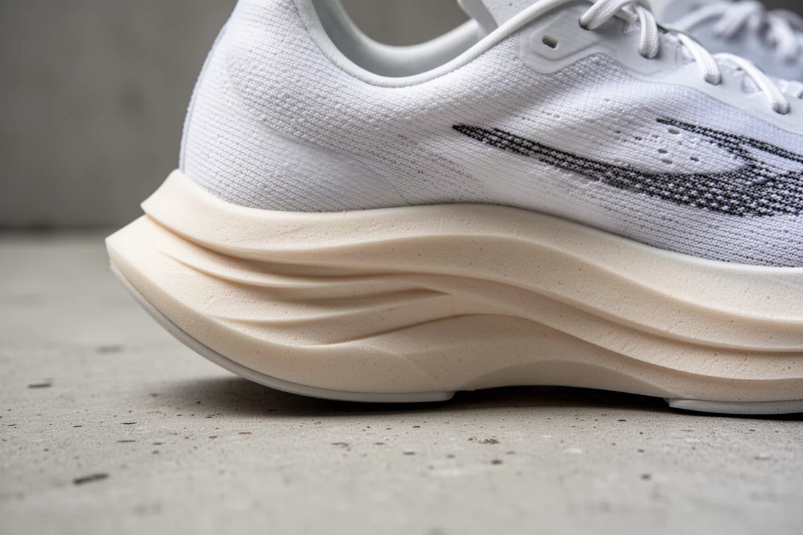 Side profile showing the high-stack curved midsole of a racing shoe
