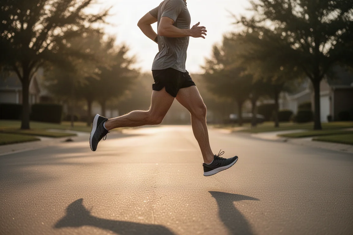 Runner's feet mid-stride on wet tarmac during an early morning road run