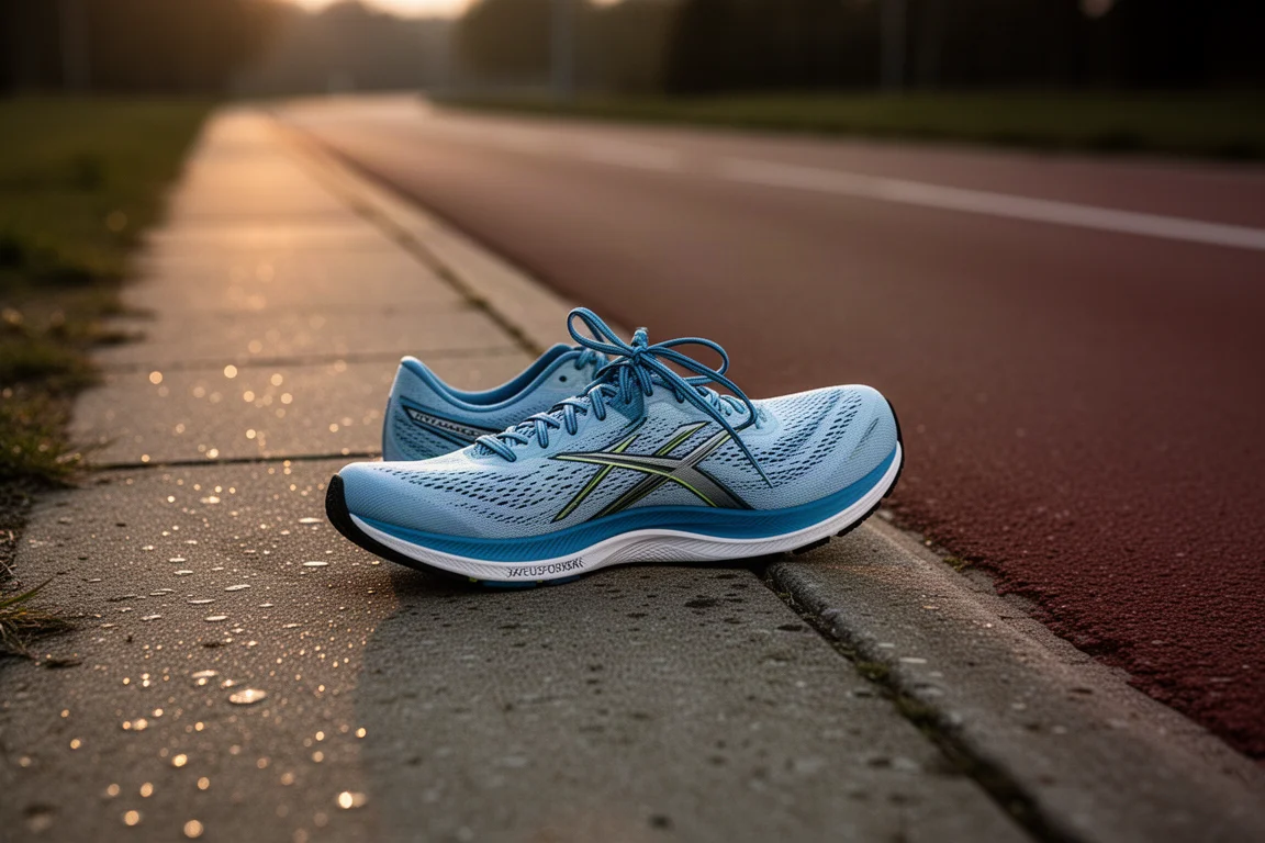 Road runner training at an easy pace on an open path at dusk