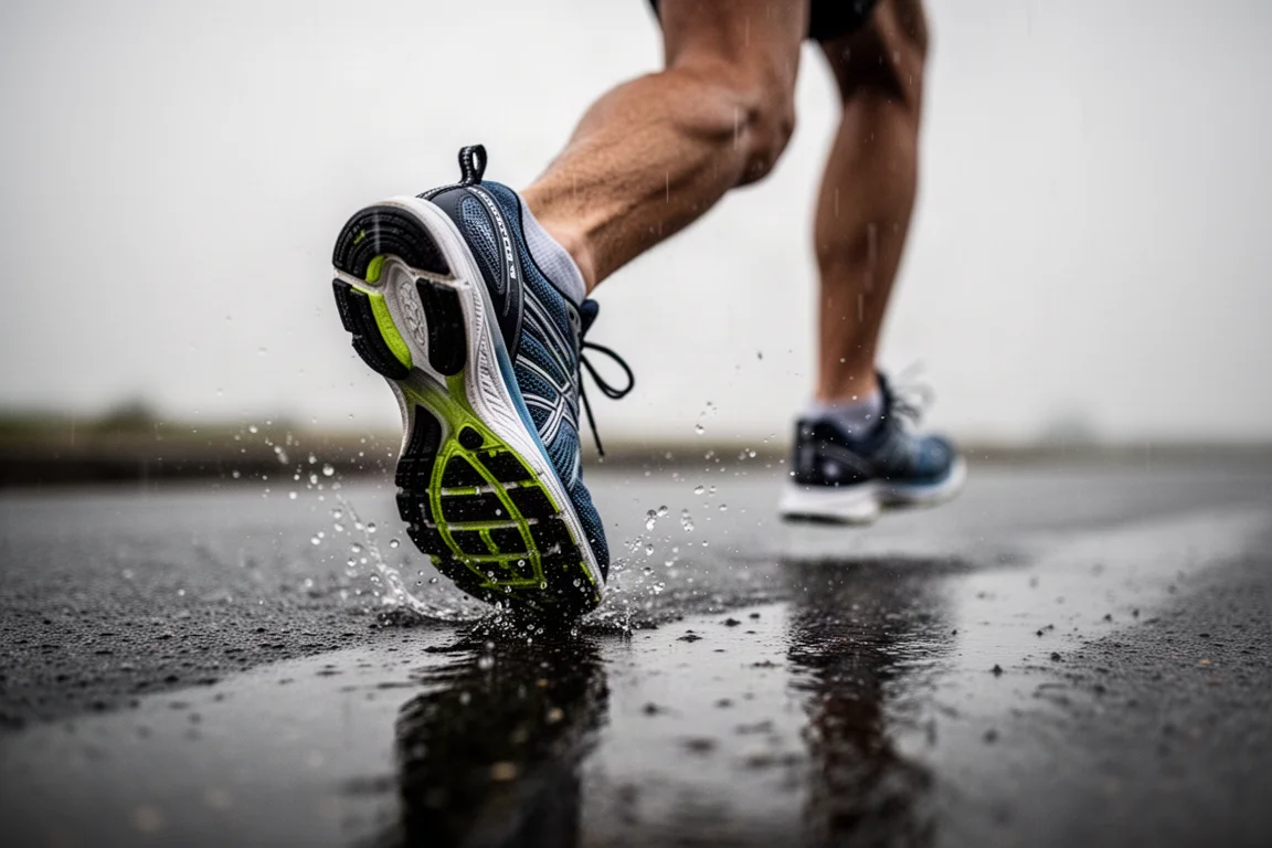 Sola de um tênis de competição aderindo ao asfalto molhado durante um treino regado em dia de chuva