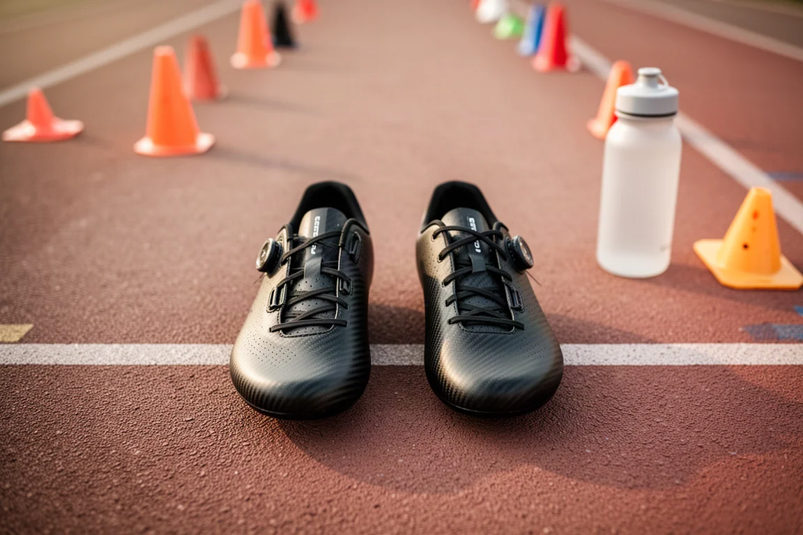 Dois tênis de corrida lado a lado na beira da pista antes de um treino de velocidade