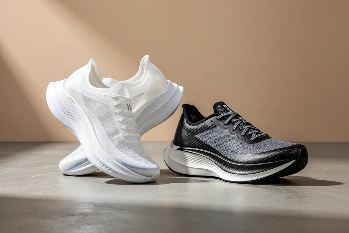 Adidas Adizero Adios Pro 3 and Pro 4 racing shoes side by side on concrete