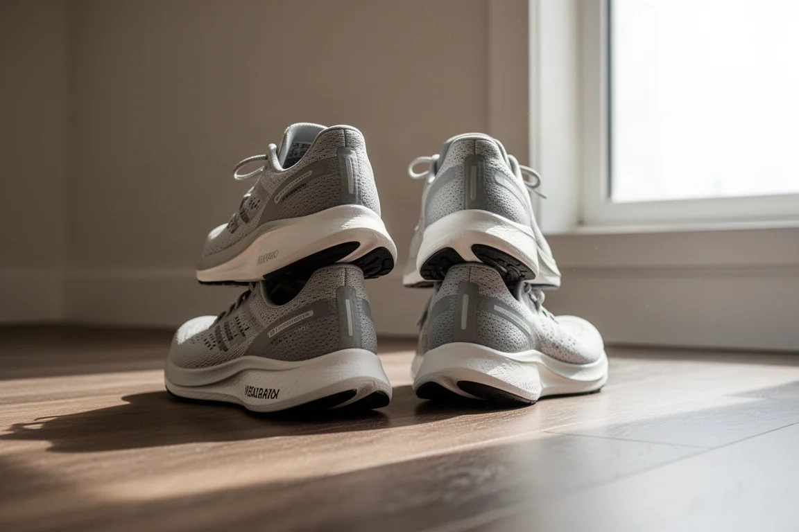 Two road running shoes side by side on a wooden floor in soft daylight
