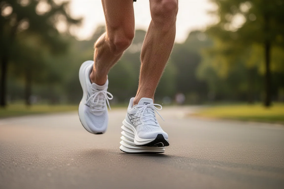 Runner's feet in road racing shoes during a tempo run on open parkland road
