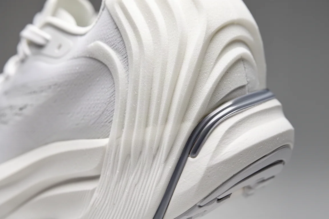 Close-up of a thick foam running shoe midsole showing stack height and curved plate