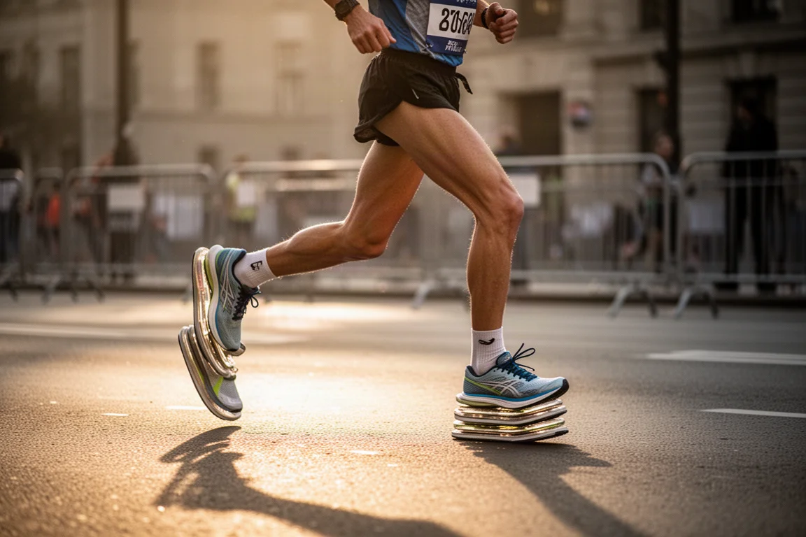 Marathon runner moving through a city course late in a race