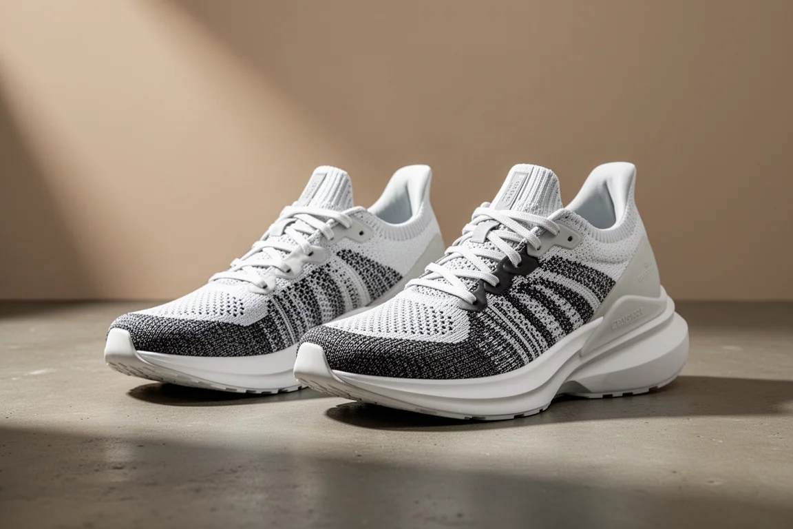 Two Adidas road running shoes with tall white midsoles on a concrete surface
